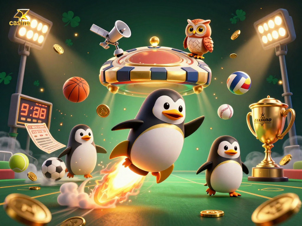 Experience thrilling casino action with a golden penguin flying through space in this vibrant illustration.