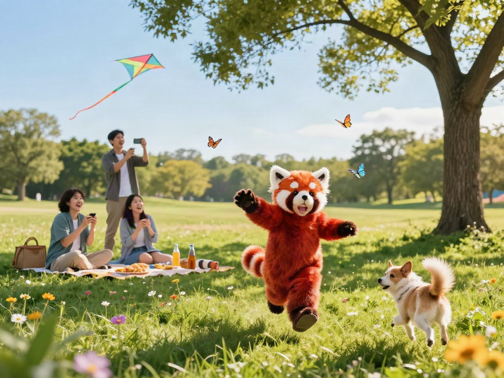 Child wearing a red panda costume playing joyfully in the park.