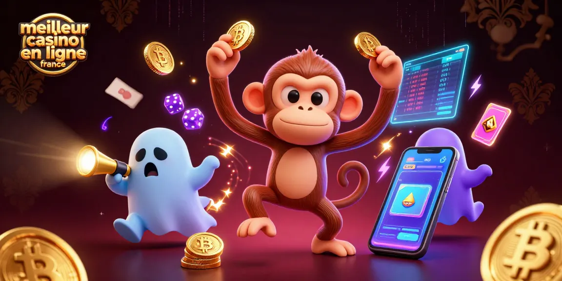Illustration du meilleur casino en ligne france avec un singe poltergeist et un chiot chasseur de fantômes captivant le joueur dans un casino hanté.