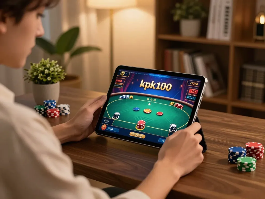 Engaging player using kpk100 tablet for online gaming, vibrant poker game displayed, cozy home setting.