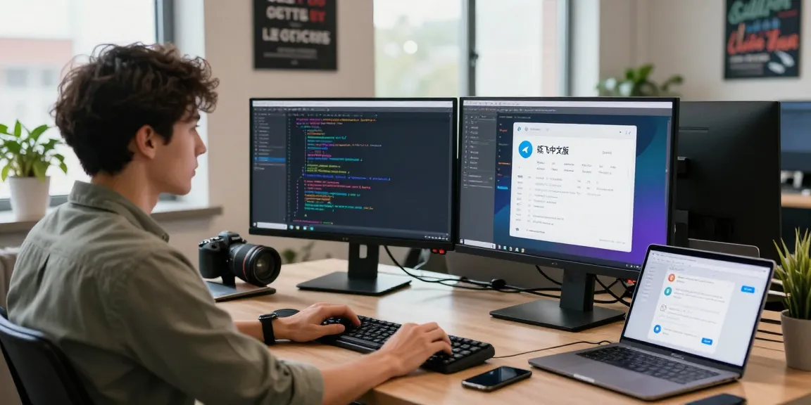 Developer coding on dual monitors with 纸飞机中文版 app open in a modern office environment, showcasing a dynamic workspace.