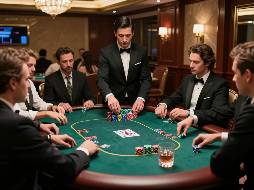 High-roller players enjoying poker at a luxurious VIP table in an upscale casino atmosphere of 98winlive.