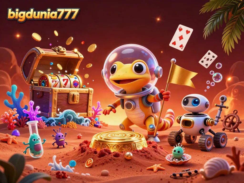 Experience bigdunia777 as a Martian gecko discovers a golden casino filled with treasures.