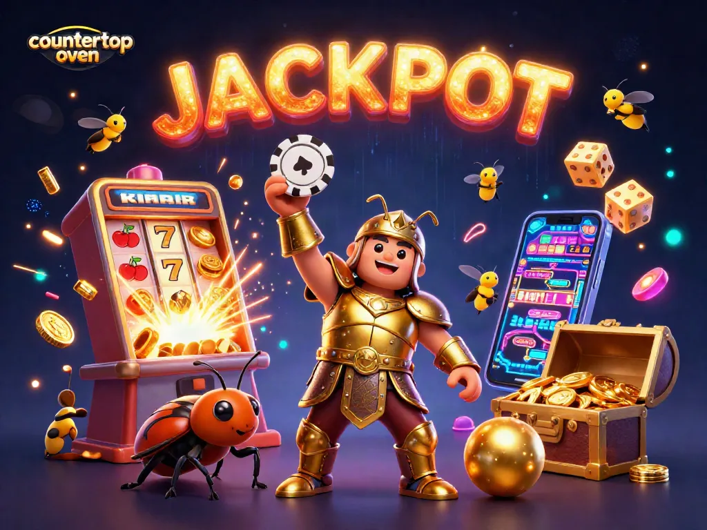 Engage with the countertop oven game where victory awaits as a hero lifts a winning poker chip!