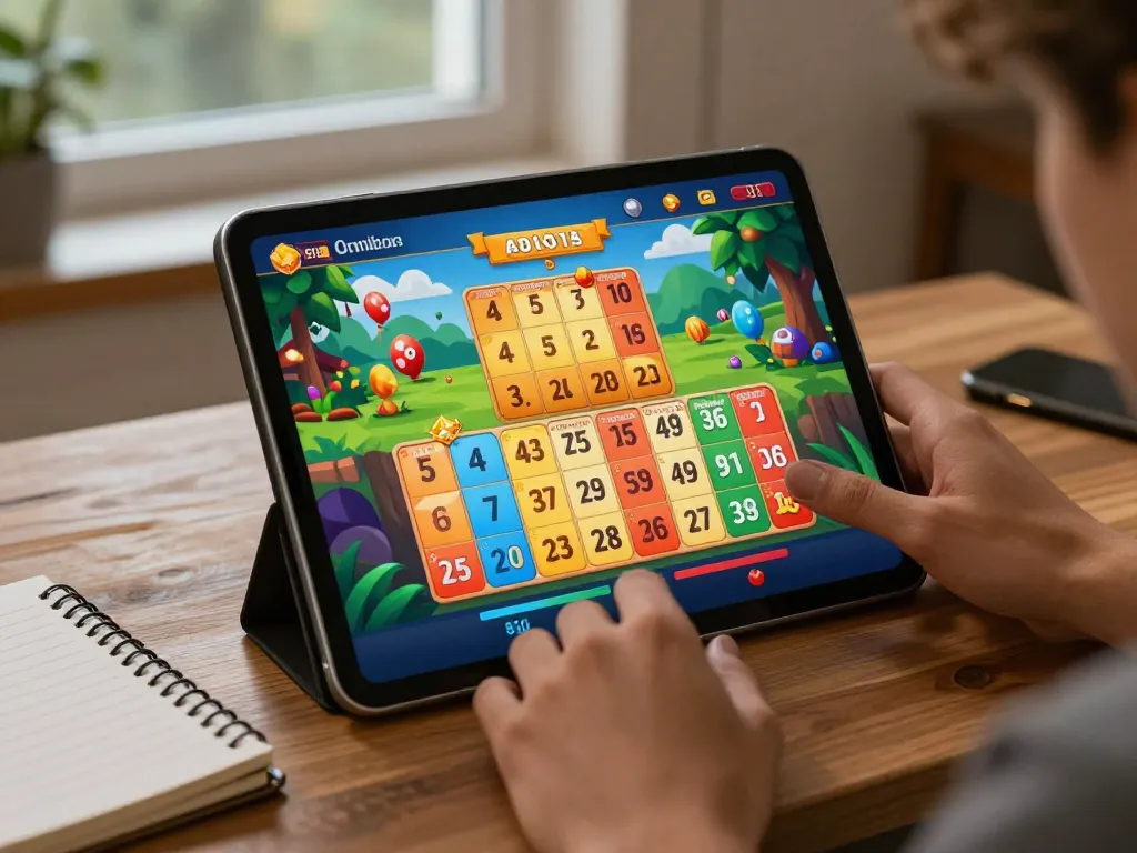 A player interacts with agen toto terpercaya on a tablet showing thrilling 4D lotto options.