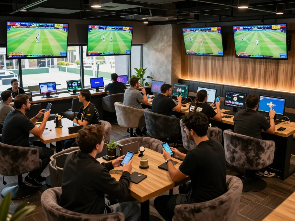 Crickex users engaging in live cricket betting excitement at a modern lounge
