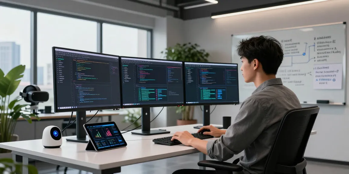 NAGA2000 software developer coding in a futuristic workspace with high-tech devices and data visualizations.