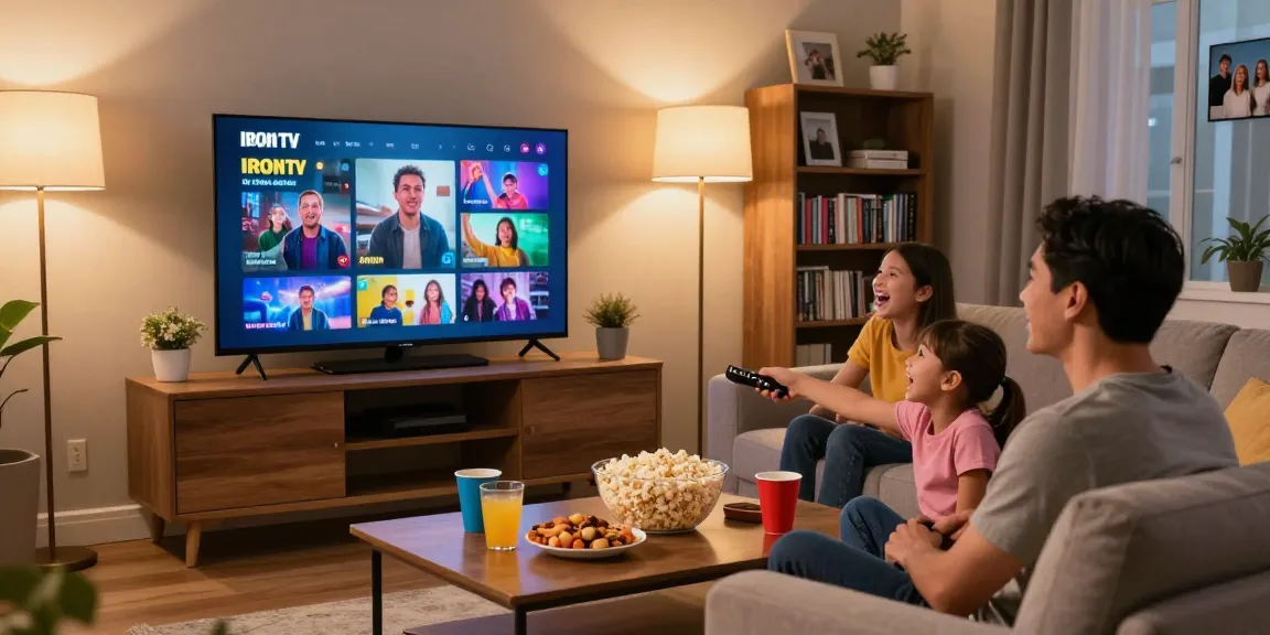 Enjoying Iron TV streaming in a cozy living room with family interactions and snacks.