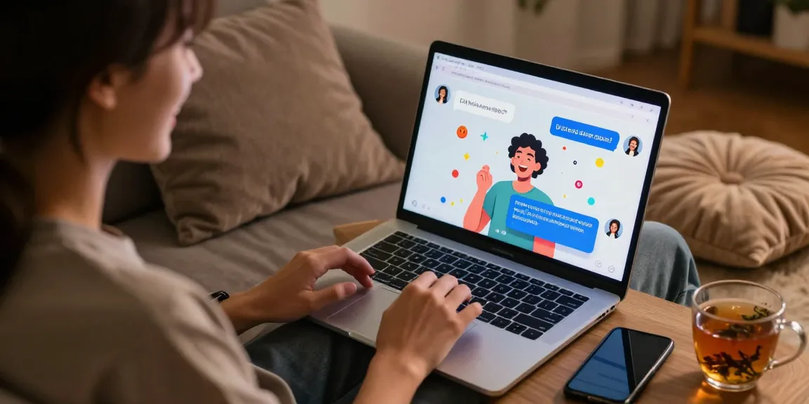 Engaging in nsfw chat ai session on a modern laptop, cozy atmosphere, playful character illustrations.
