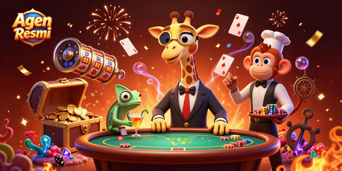 Agen Resmi brings excitement as the high-roller giraffe plays poker, surrounded by slot machines and gold coins, showcasing a thrilling casino atmosphere.