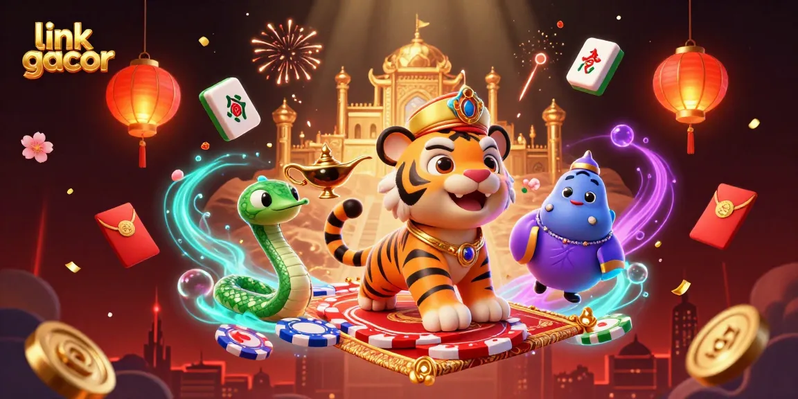 Spin to win with link gacor in a dazzling 3D casino scene featuring a tiger sultan and magical elements.