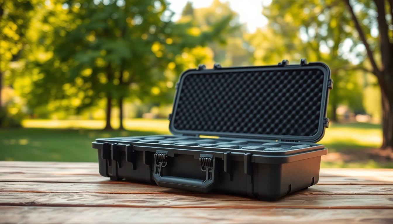 Showcasing a pelican gun case for sale with detailed locking mechanism against an outdoor backdrop.