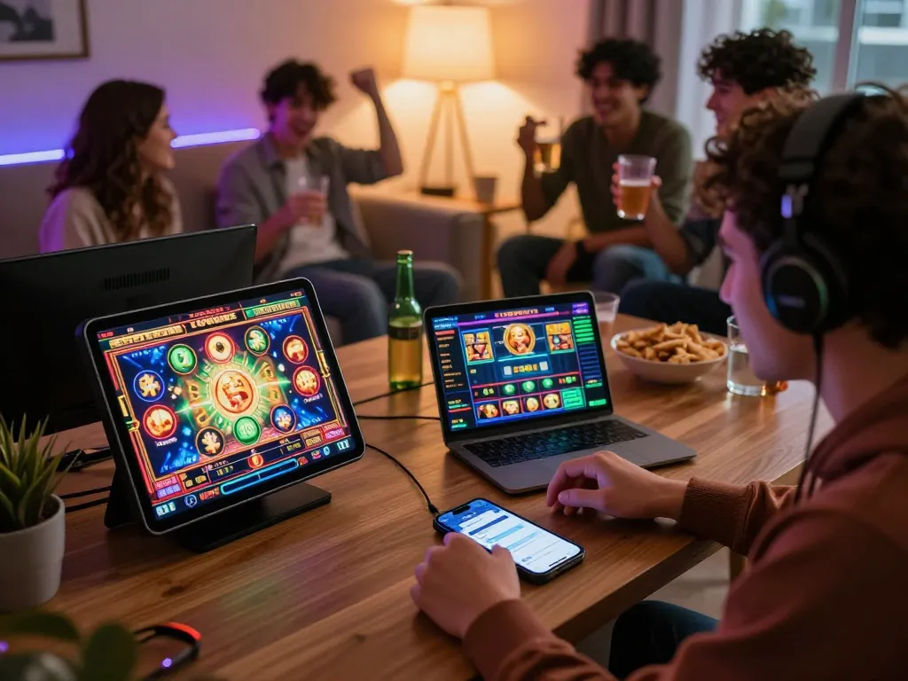 Players engaging with online slot games on devices while celebrating a win in a cozy living room
