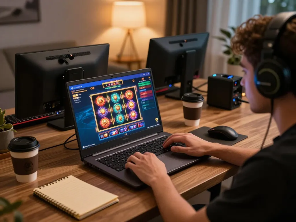 23win player exploring a vibrant online casino on their laptop, showcasing an engaging gambling experience.
