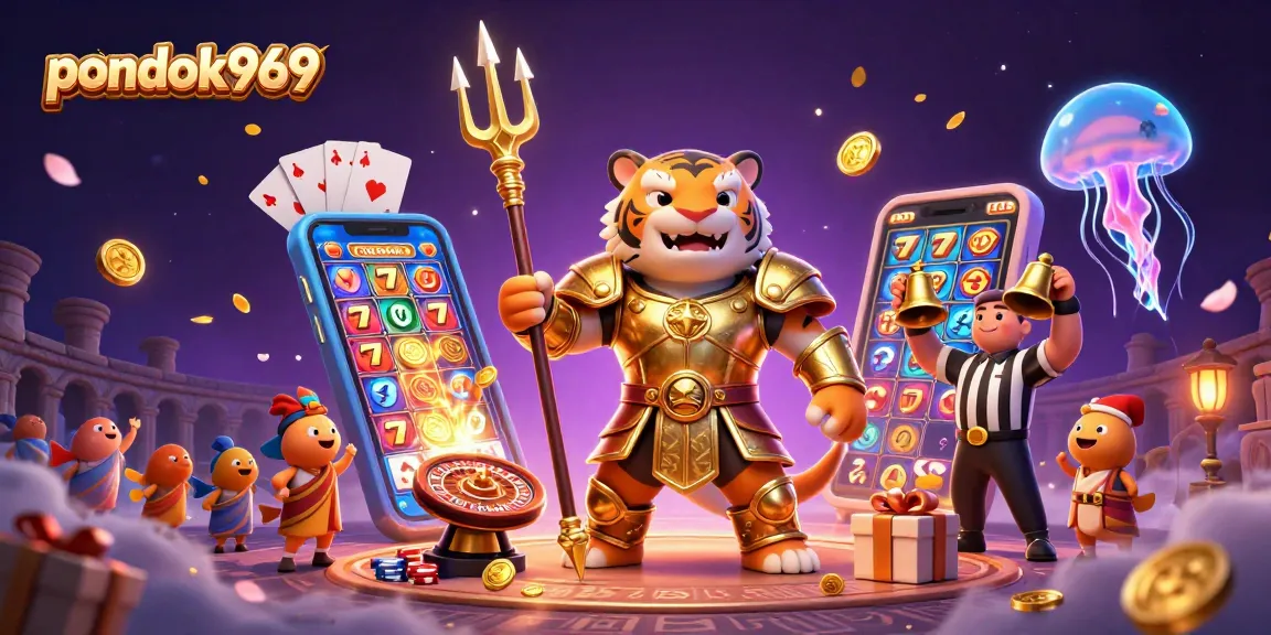 Pondok969 offers thrilling slot action with a vibrant shark character in a dynamic underwater scene.