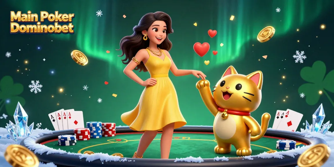 Main Poker Dominobet showcases a vibrant casino scene with a beautiful Asian woman and a lucky cat mascot, surrounded by poker elements.