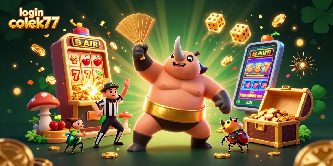 Experience the excitement of online gambling with login colek77, featuring vibrant characters and lively casino elements in a dynamic 3D scene.