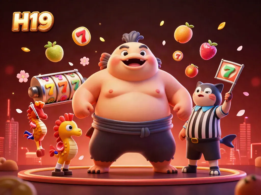 Engage with H19's vibrant underwater casino scene featuring a puffed-up fugu, slot reels, and vibrant gambling elements.