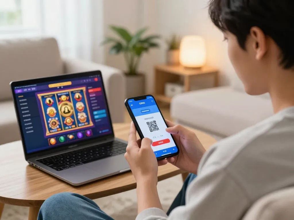 Engaged user making a deposit via QRIS for online slot gaming, showcasing a lively and modern setting.