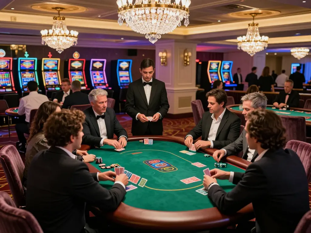 DH88 poker action in a luxurious casino, players strategically betting at an elegant table during high-stakes gameplay.
