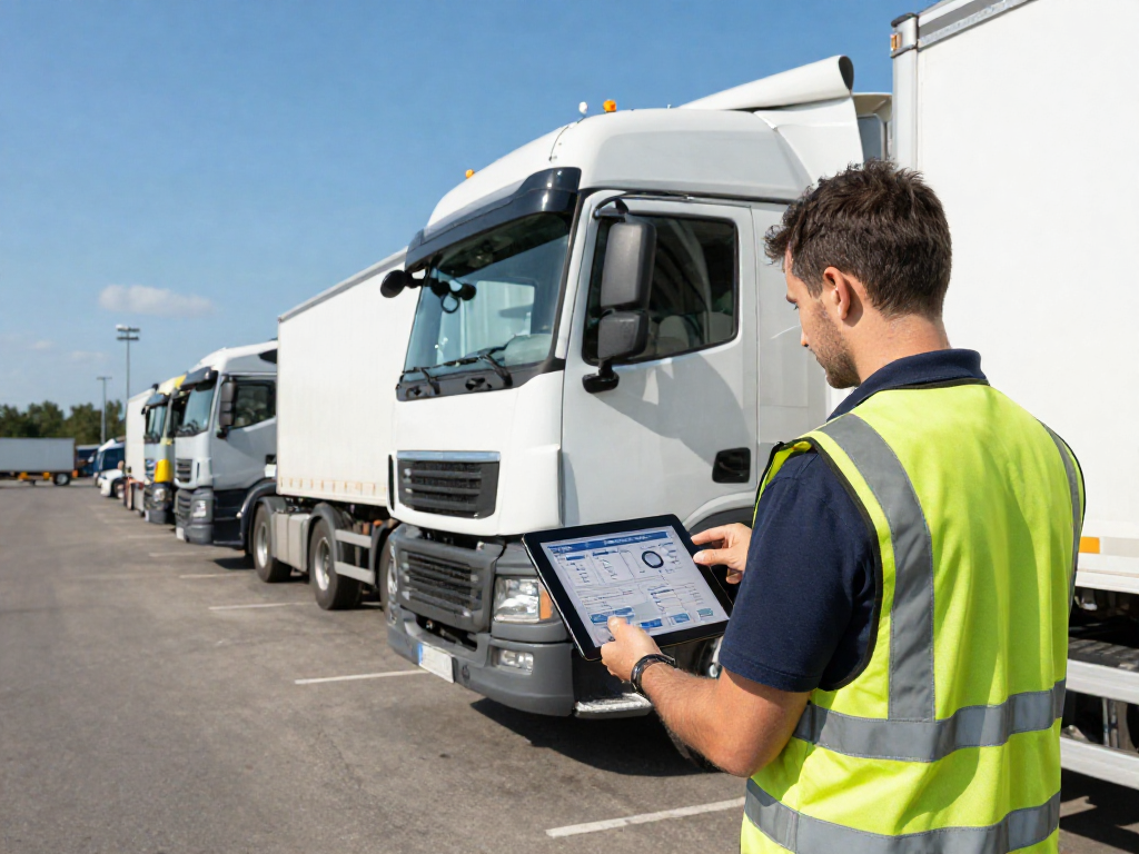 LKW-Spedition in Dortmund - Professioneller Fahrer überwacht Transportoperation mit digitalen Daten und LKW im Logistikzentrum.