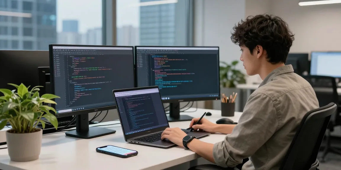 Developer coding 纸飞机中文版 in a modern office with dual monitors and vibrant city views.