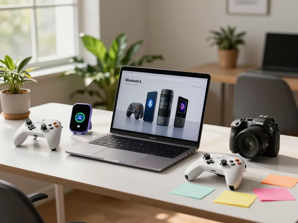 Tech enthusiast surrounded by cool tech gadgets under $130 in a bright modern workspace.