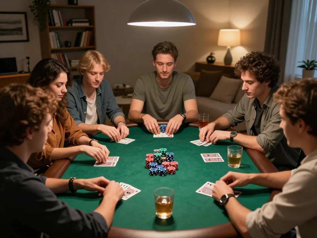 Friends engaging in a thrilling poker game at home, showcasing 33win strategies in a cozy setting.