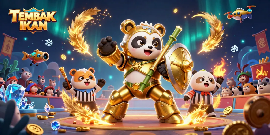 Tembak Ikan game scene with a golden panda robot and cheering spectators in a vibrant casino setting.