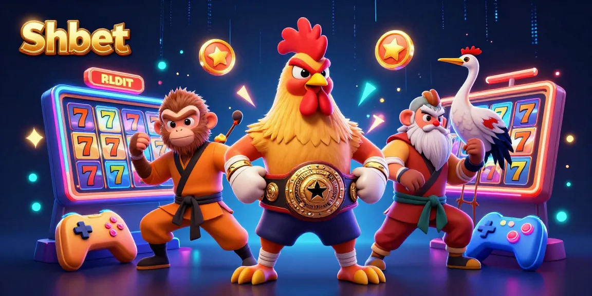Engaging scene showcasing Shbet's vibrant casino atmosphere with a Muay Thai rooster, Shaolin monkey, and crane master amidst slot machines and neon elements.