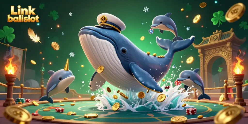 Experience the excitement of Link balislot with a dynamic 3D scene featuring playful casino-themed characters amidst a sea of gold.