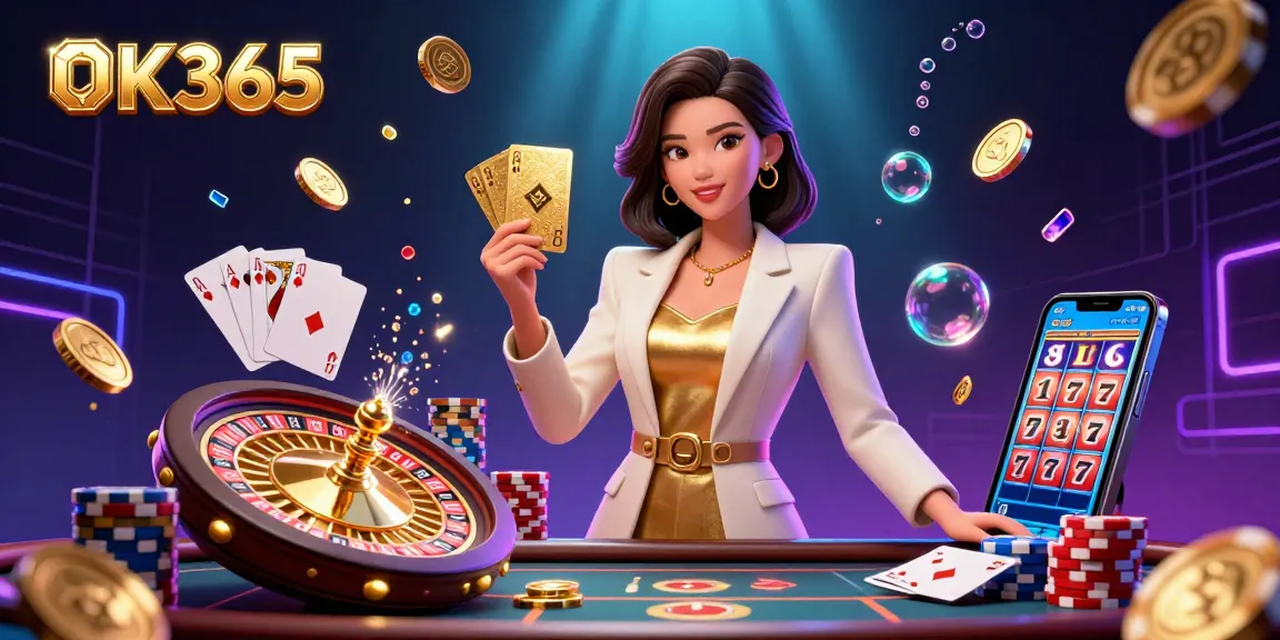 Experience the excitement of OK365 with a powerful Asian woman holding golden cards amidst dazzling casino elements.
