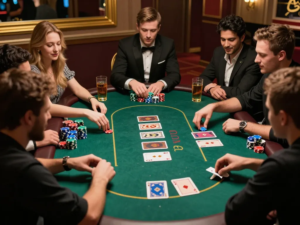 O8 players engaging in an intense poker game with colorful chips at an upscale casino.