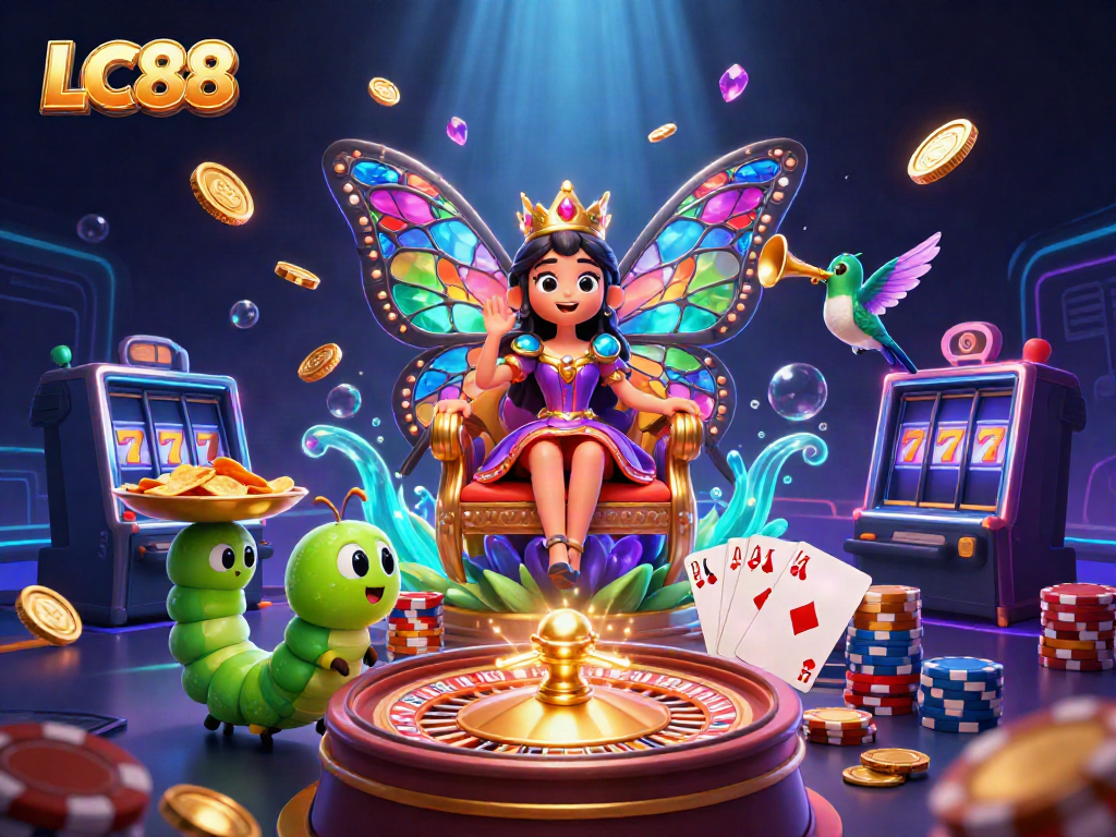 Experience the excitement of LC88 with vibrant slots and casino games brought to life in a colorful scene.