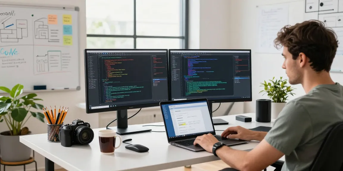 Developer working on open claw skill at a modern tech workspace with vibrant coding displays and creative clutter.