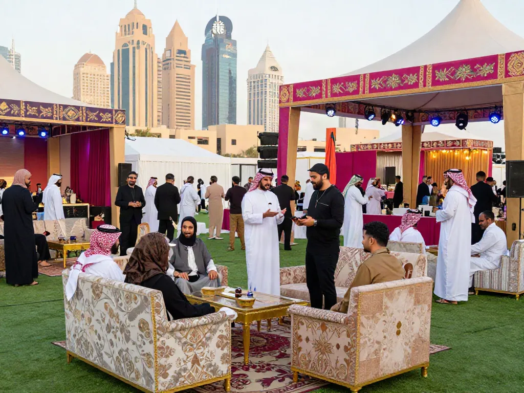 Event rentals setup in Saudi Arabia featuring elegant tents and luxurious furniture for a high-profile gathering.