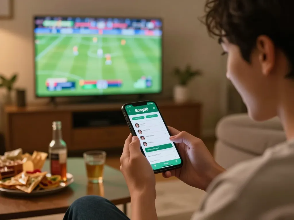 Bong88 user excitedly placing bets on a mobile device at home during live sports event.