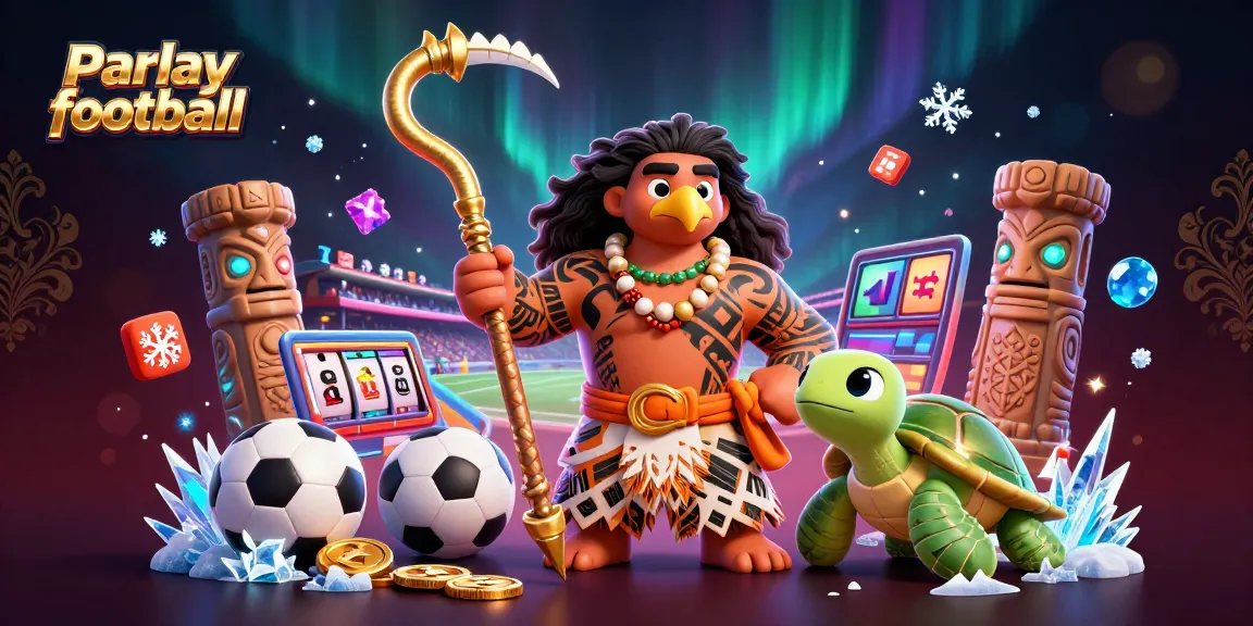 Engage in parlay football betting with dynamic characters, vibrant sports elements, and a festive atmosphere.