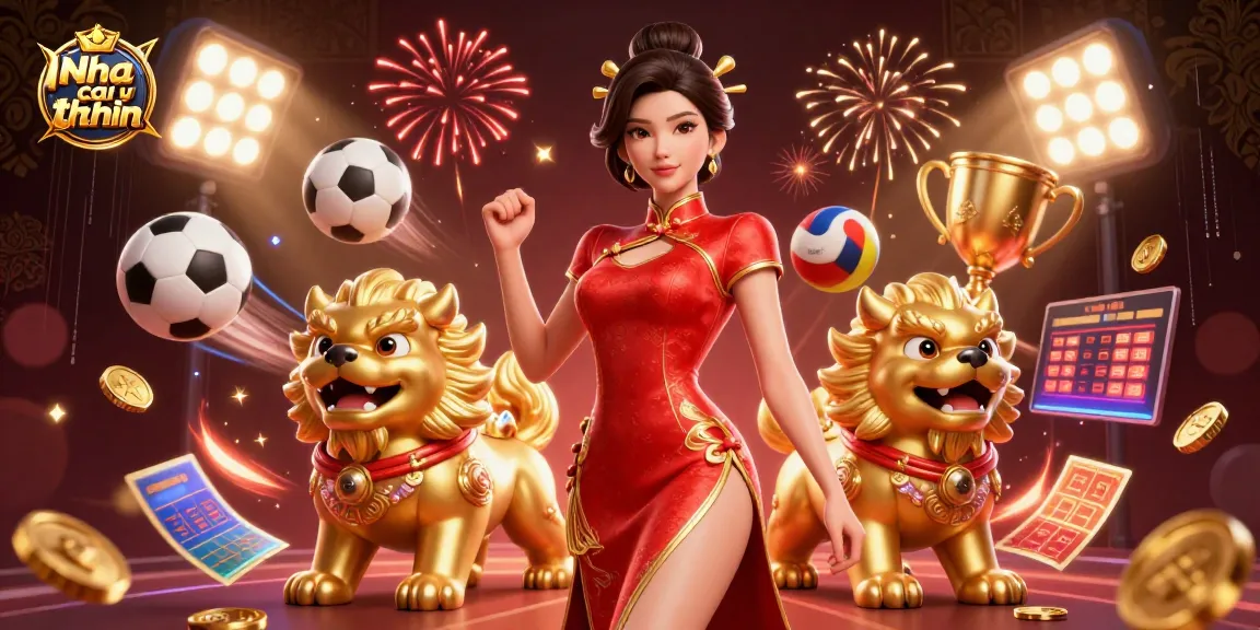 Nha cai uy tin showcases a glamorous Asian woman among golden guardians, energizing the sports betting scene.