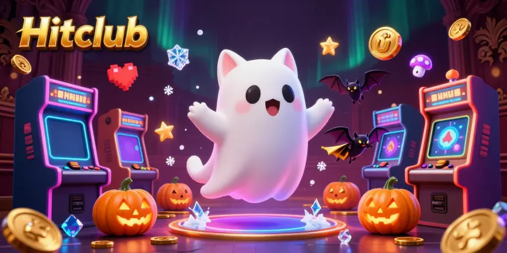Engage in exciting gaming experiences at Hitclub with a ghost cat and bat in a spooky casino