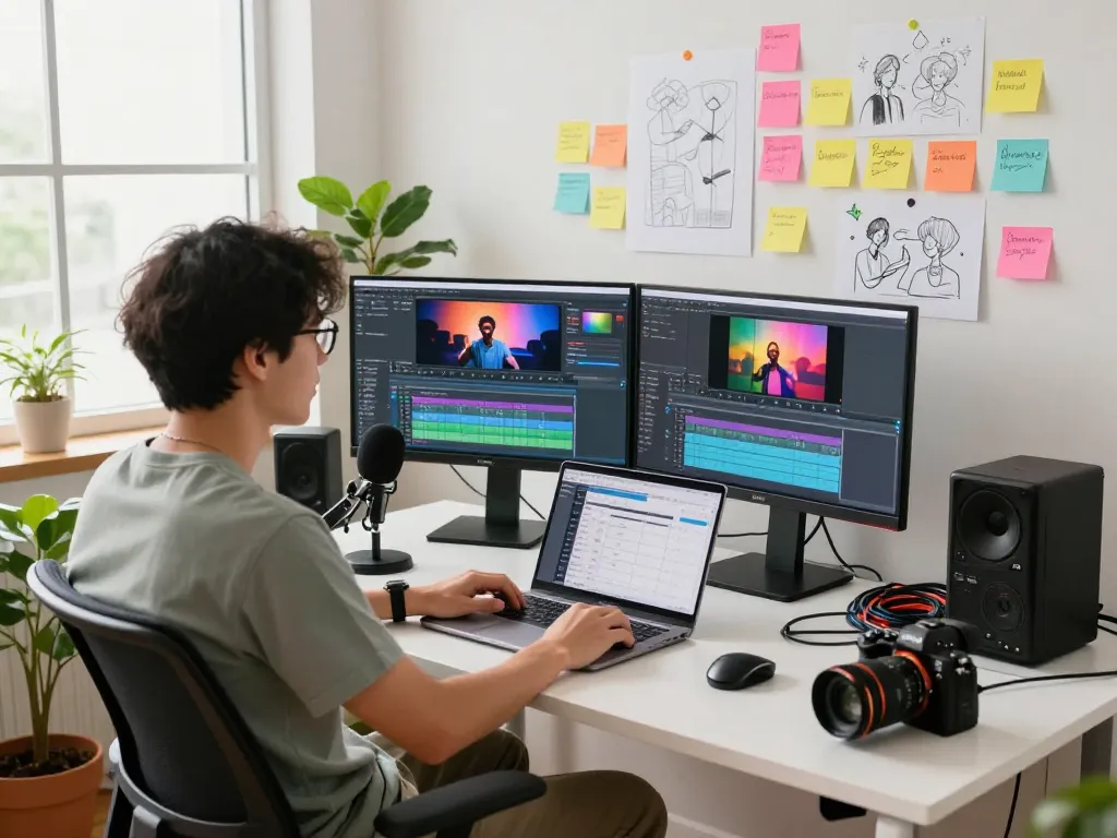 Video to prompt generator in action, a content creator editing video with AI prompts visible on screens in a vibrant studio setting.
