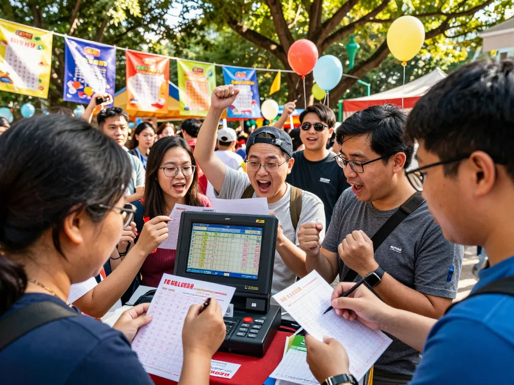 Community celebrating HK Lotto results outdoors with excitement and joy.