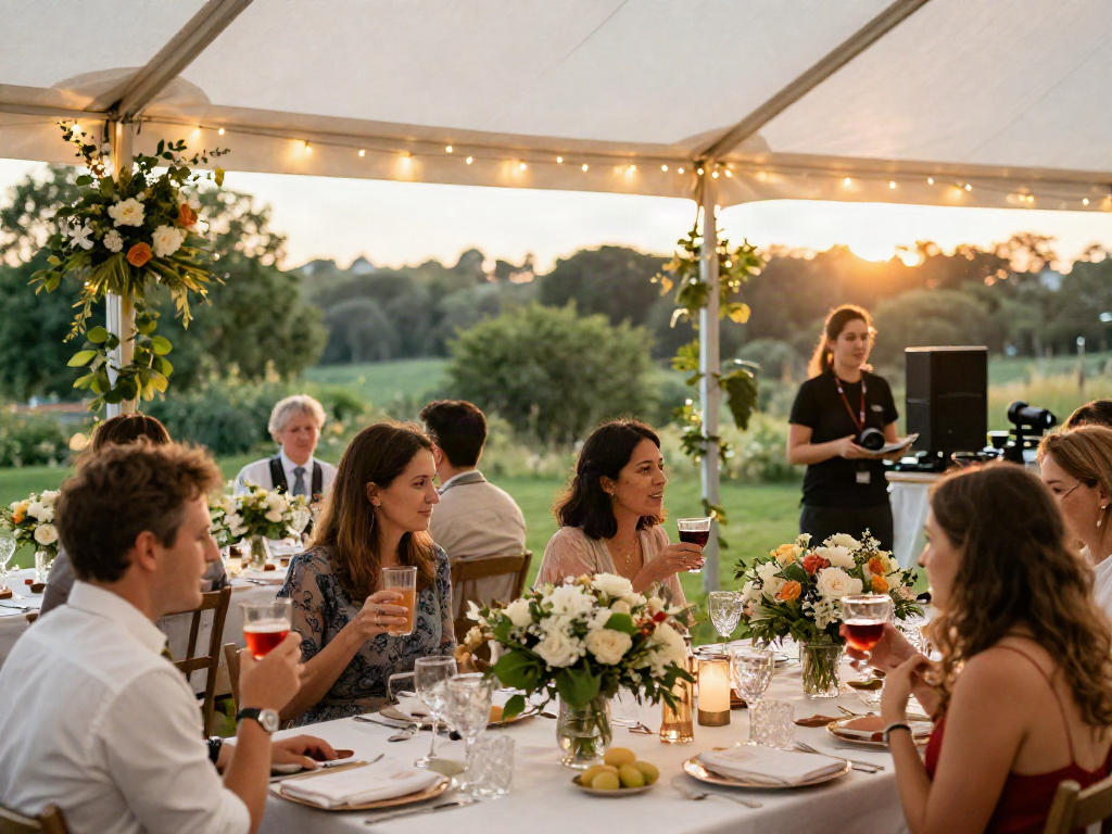 Elegant outdoor wedding showcasing event rentals with decorated marquee, stunning floral displays, and joyful guests.