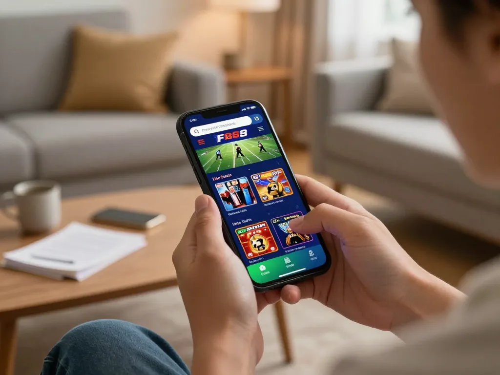 Engaging with Đăng Nhập FB88 through mobile app in a cozy living room, showcasing exciting online betting