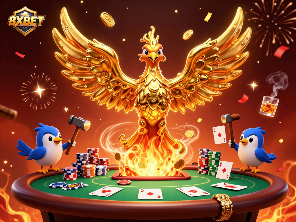 Engage with 8XBET's thrilling casino gaming experience, where a molten phoenix rises amidst vibrant poker elements