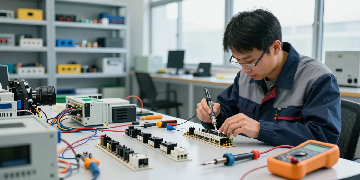 Technician assembling IEC connectors with precision at an organized electrical engineering workspace