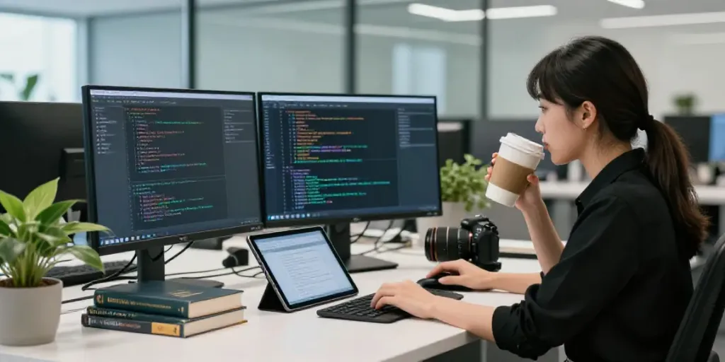 Developer using AI text generation software in a modern office.