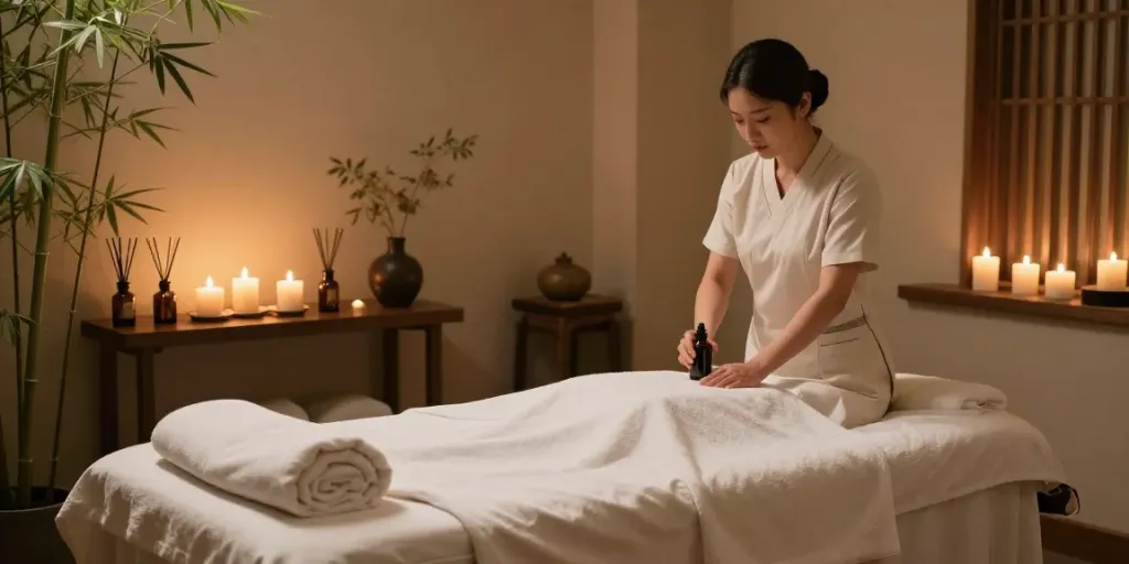 구미오피의 고급 마사지룸에서 편안한 서비스 제공 모습