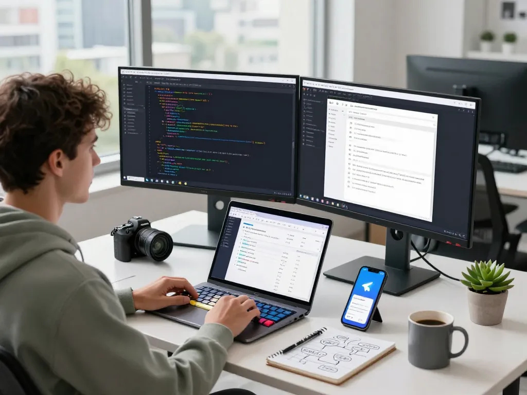 Moltbot AI developer in a modern workspace with dual monitors and coding tools.