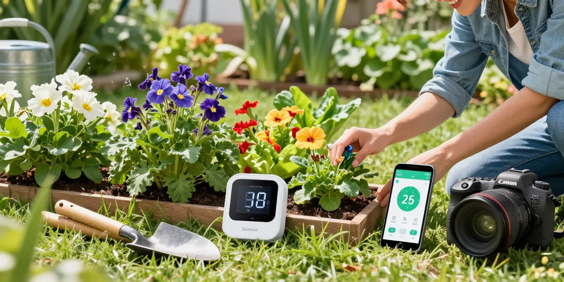 Person using a rainpoint wifi water timer in a vibrant garden, showcasing smart watering solutions and thriving plants.